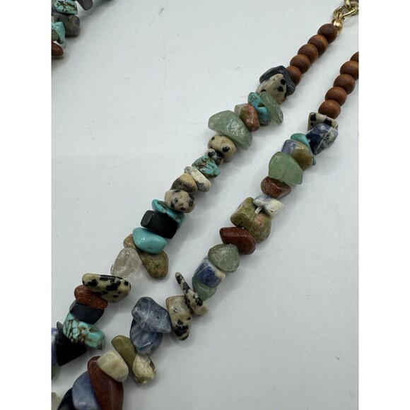 Boho Natural Stone Chip Necklace NEW Double Strand Gold Tone Turquoise Jadeite - Picture 5 of 10